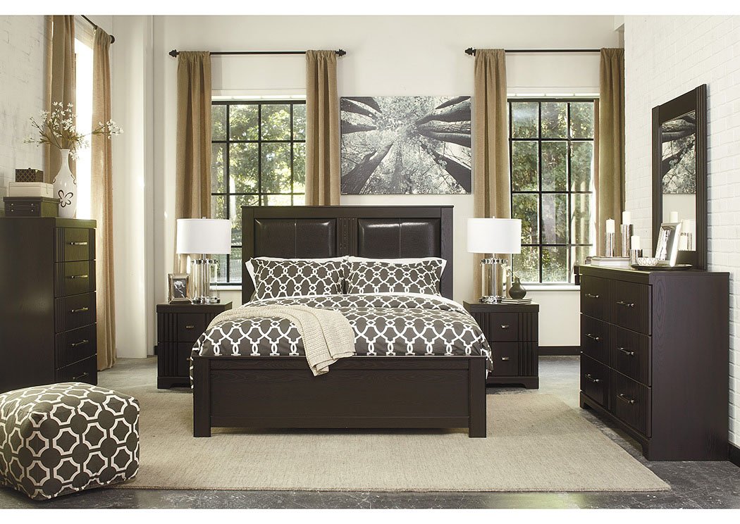 Tadlyn Dark Brown Upholstered Queen Panel Bed w/ Dresser and Mirror,Signature Design by Ashley