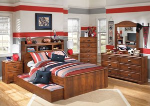 Barchan Full Bookcase Bed w/ Trundle, Dresser & Mirror