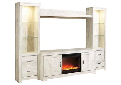Bellaby Whitewash Entertainment Center w/Black Glass/Stone Fireplace Insert